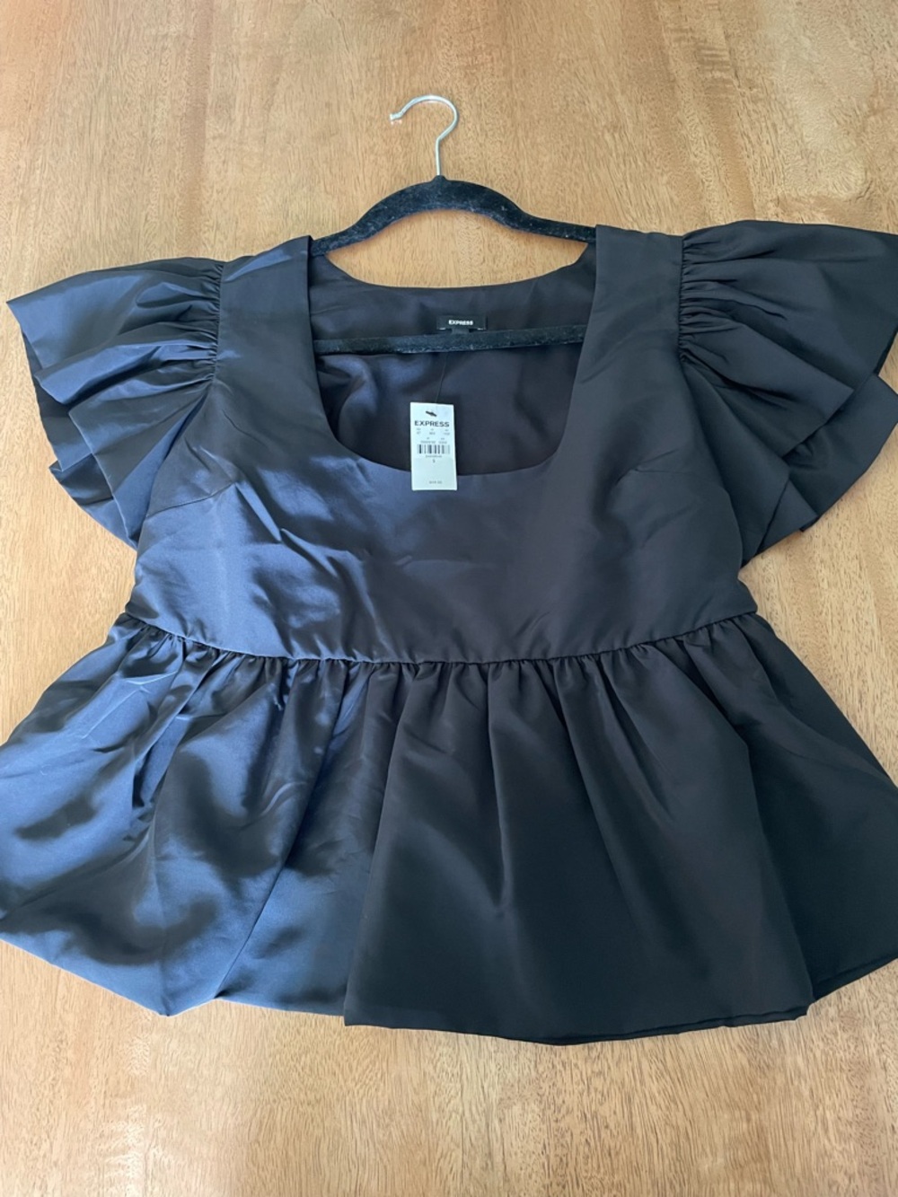 Express Black Puff Sleeve Peplum Blouse - Picture 3 of 3